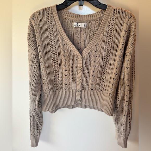 Hollister Sweaters - Hollister Beige Cropped Cardigan Knit Button Front Pointelle Size L